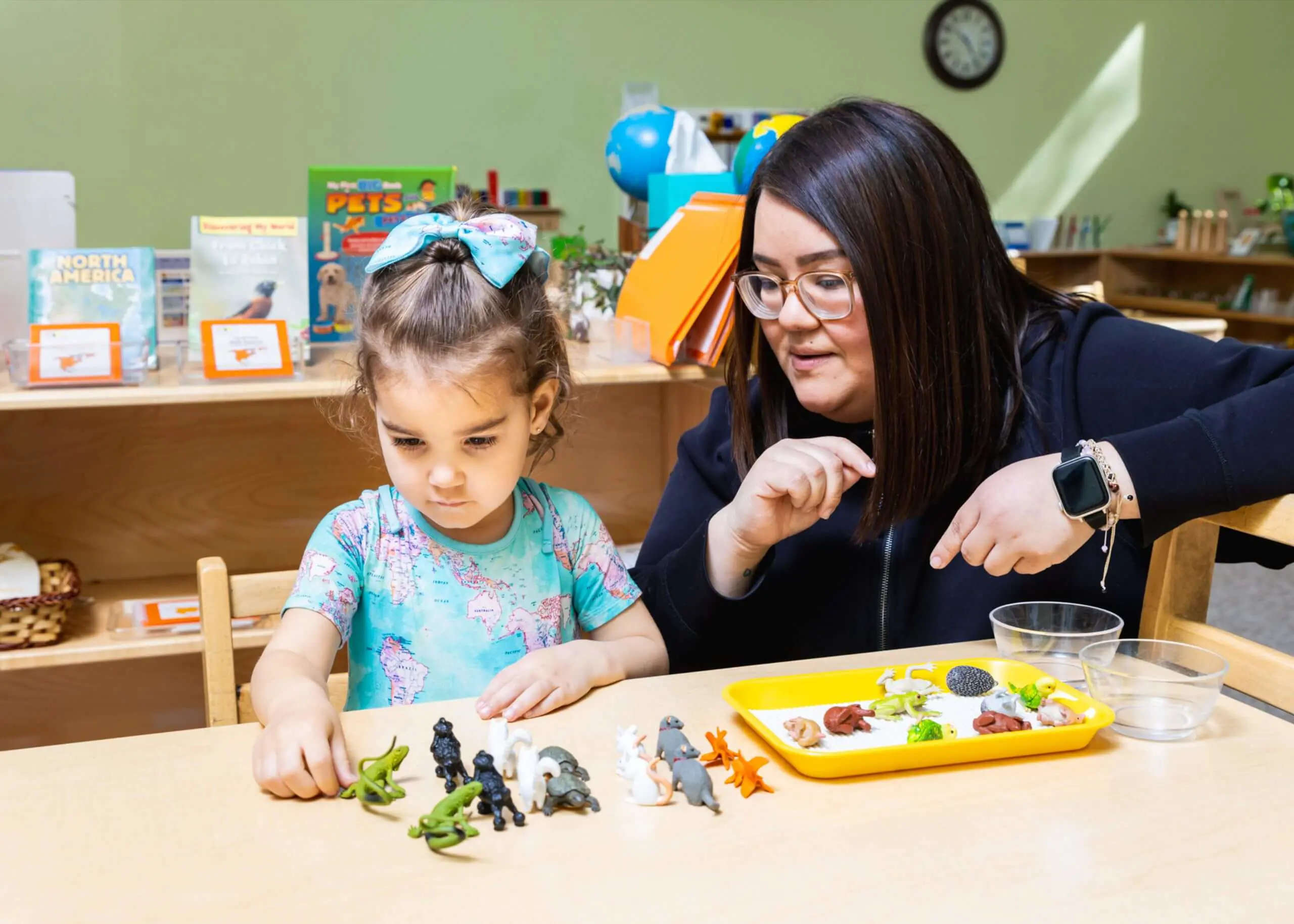 A teacher and a young primary student exploring a Montessori classification activity with miniature figures at a table.